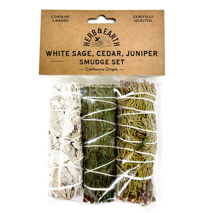 White Sage, Cedar, Juniper Smudge Set - 3 wands / bag (min. multiple of 6)