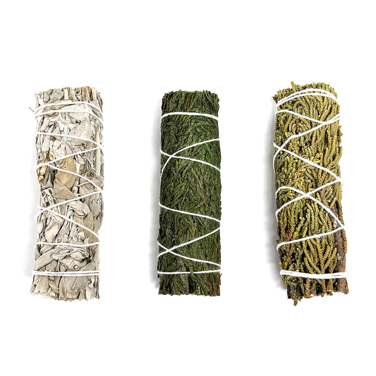 White Sage, Cedar, Juniper Smudge Set - 3 wands / bag (min. multiple of 6)